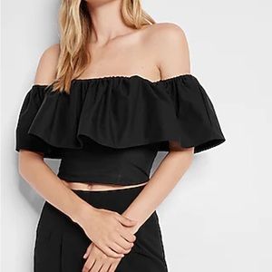 Express Black Off the Shoulder Ruffle Overlay Crop Top